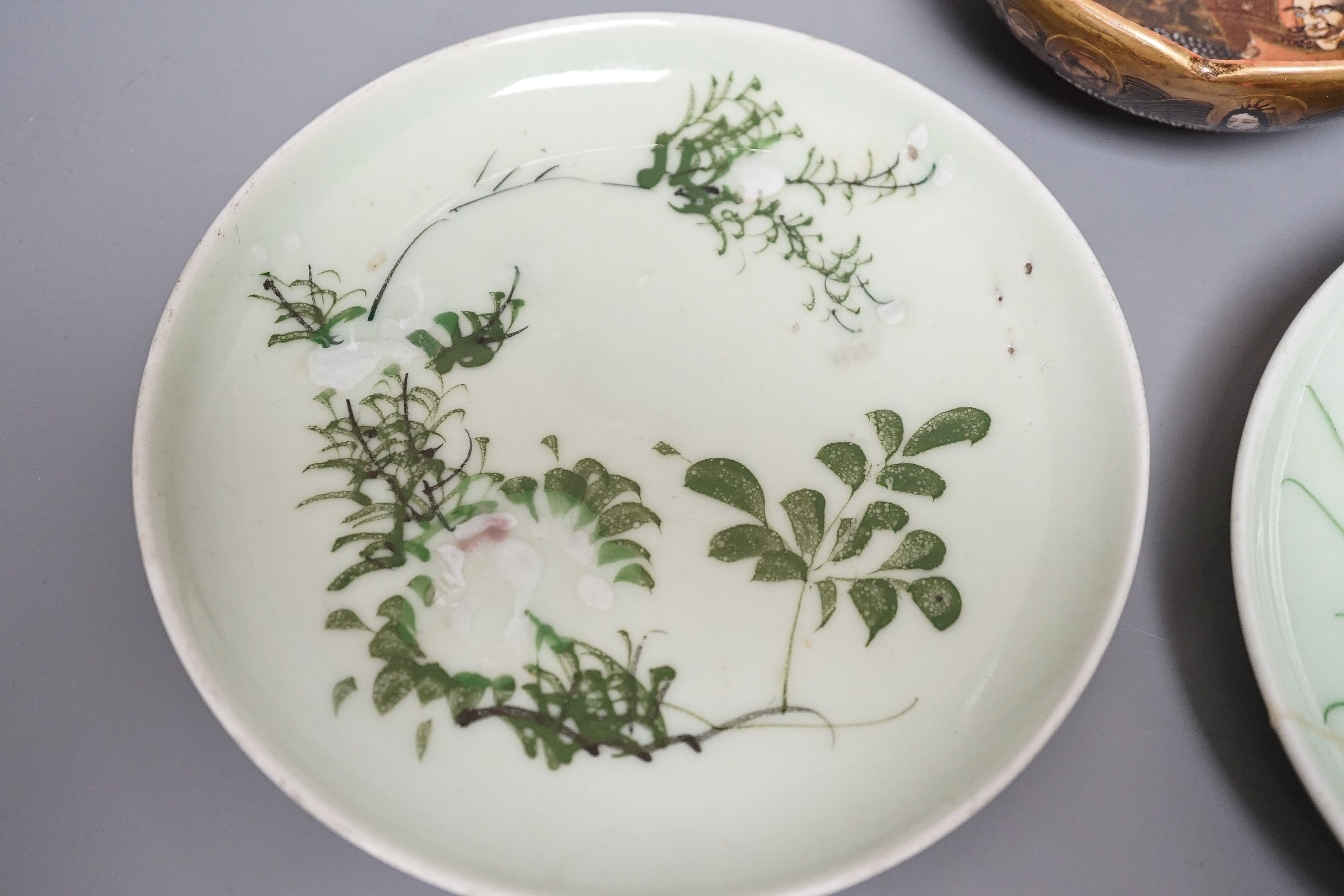 A Japanese Satsuma bowl, diameter 11cm and two plates